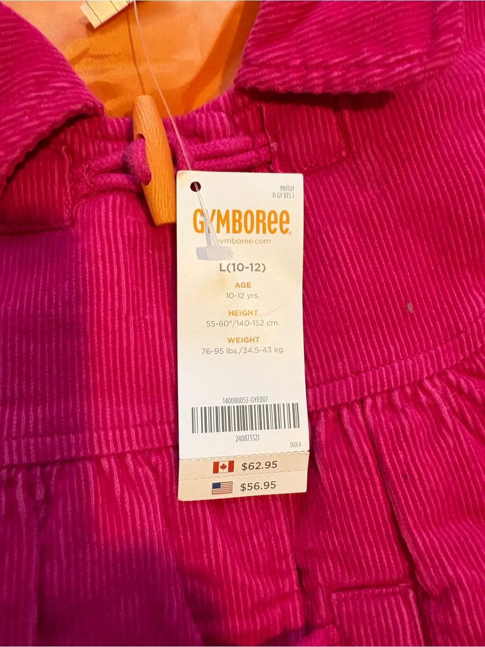 Gymboree Hot Pink Corduroy Toggle Coat with Orange Accents